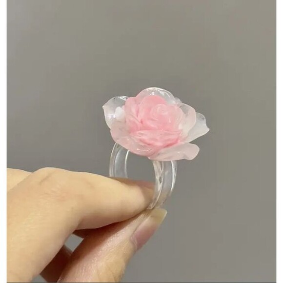 2 Rings Pink Flower Pink Band Resin Ring - Picture 3 of 5